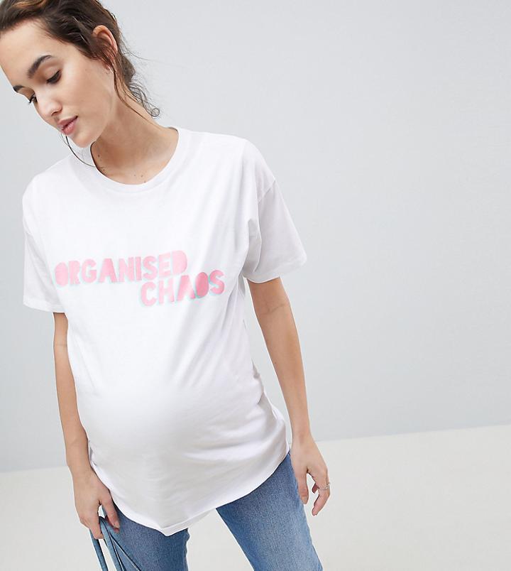 Asos Design Maternity Nursing T-shirt With Double Layer And Organised Chaos Slogan - White