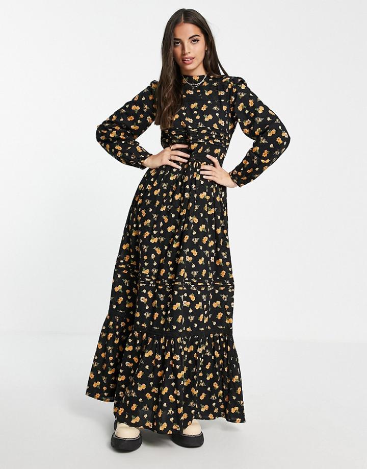 Asos Design Tiered Maxi Dress With Pintucks And Lace Inserts In Dark Based Floral Print-multi