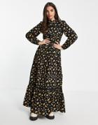 Asos Design Tiered Maxi Dress With Pintucks And Lace Inserts In Dark Based Floral Print-multi