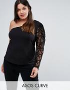 Asos Curve Top With 80s One Shoulder Lace Sleeve - Black