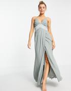 Asos Design Bridesmaid Cami Maxi Dress With Satin Chevron Waistband And Button Back In Olive-green