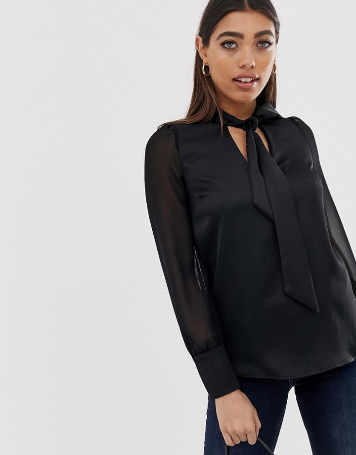 River Island Pussybow Blouse In Black - Black