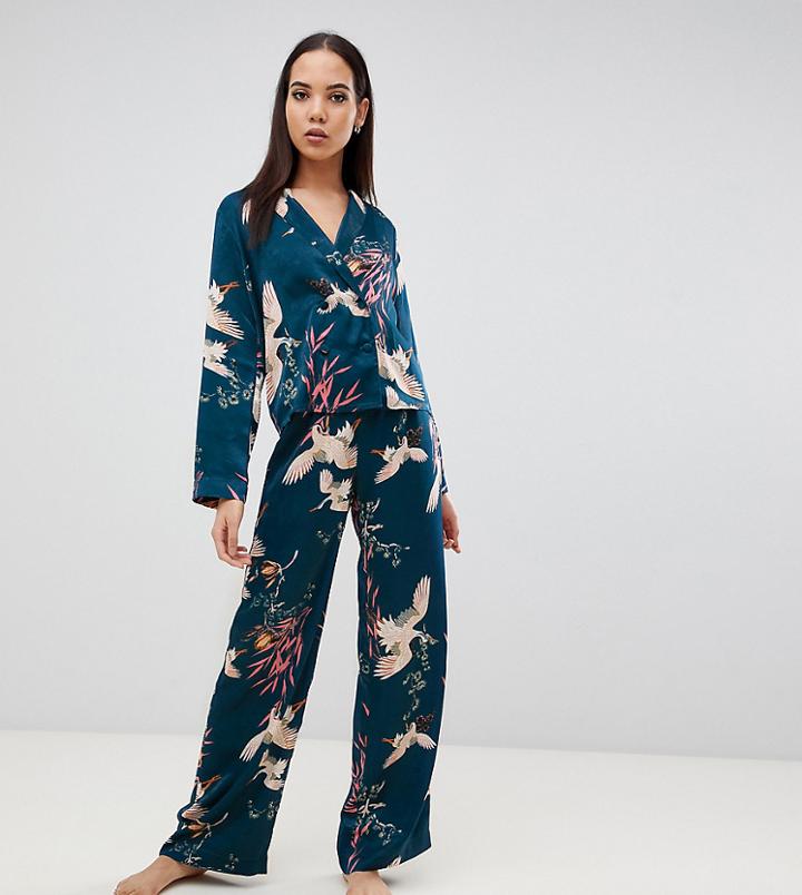Asos Design Tall Bird Print Double Brested Shirt And Pants Pyjama Set - Blue
