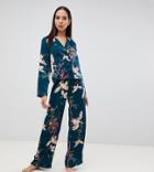 Asos Design Tall Bird Print Double Brested Shirt And Pants Pyjama Set - Blue