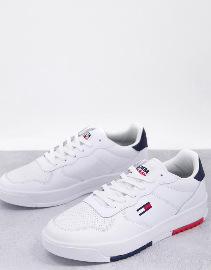 Tommy Jeans Leather Sneakers With Small Flag Logo In White