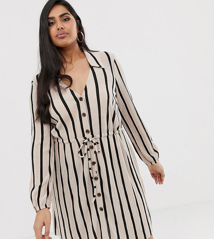 Asos Design Curve Mini Textured Shirt Dress In Stripe - Multi