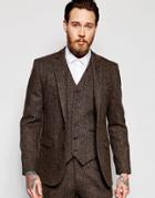 Asos Slim Suit Jacket In Brown Harris Tweed - Brown
