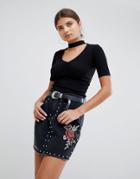 Liquor N Poker Denim Mini Skirt With Studs And Rose Embroidery - Black