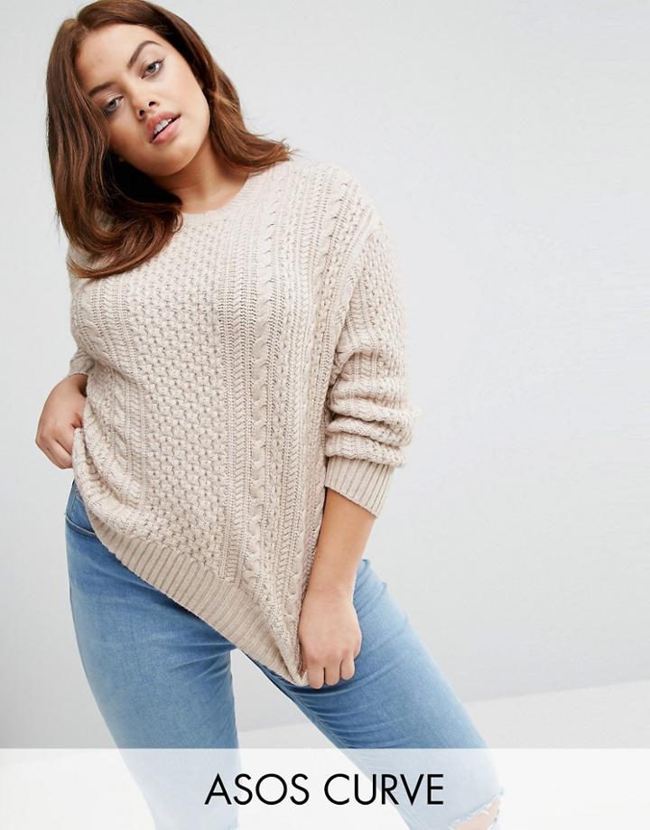 Asos Curve Cable Sweater In Slouchy Shape - Beige