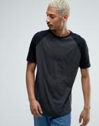 Asos Longline T-shirt With Contrast Raglan Sleeves And Curved Hem - Gray