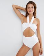 Asos Wrap Neck Bandeau Cut Out Swimsuit - White Shiny