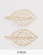 Asos Design Pack Of 2 Hair Clips In Open Leaf Design In Gold Tone