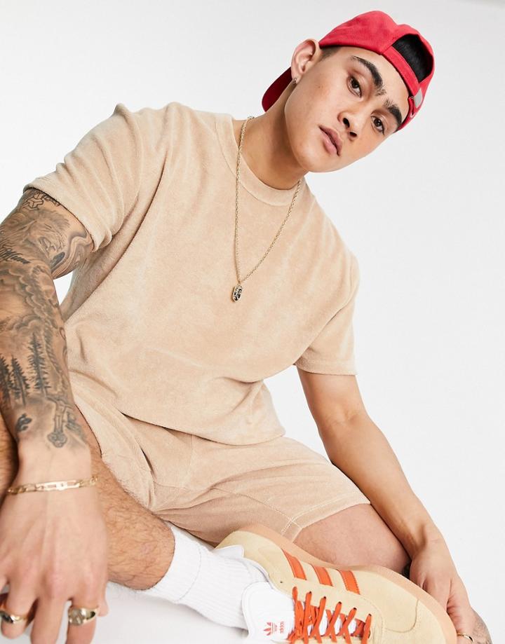 Asos Design Two-piece Relaxed T-shirt In Towelling In Beige-neutral