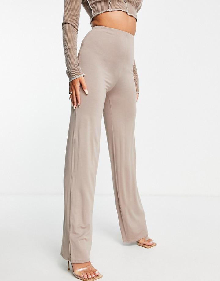 Flounce London Basic High Waisted Wide Leg Pants In Light Brown