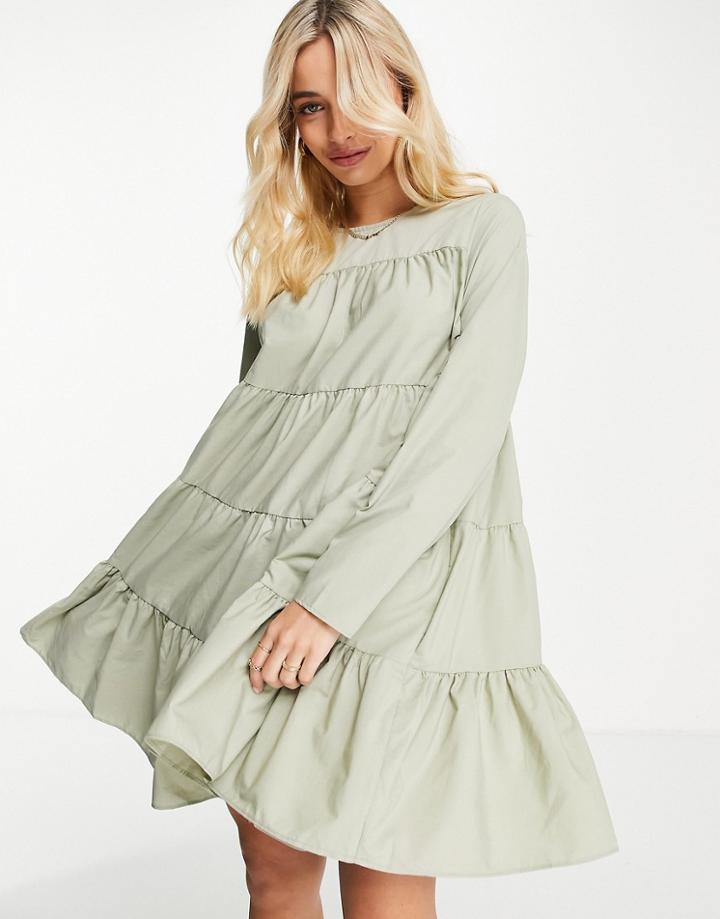 Asos Design Cotton Poplin Tiered Long Sleeve Mini Smock Dress In Khaki-green