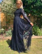 Maya Bridesmaid Long Sleeve Maxi Tulle Dress With Tonal Delicate Sequin In Navy