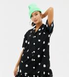 Collusion Frill Hem Daisy Print Revere Shirt Dress-black