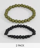 Asos Beaded Bracelet Pack In Black And Khaki - Green