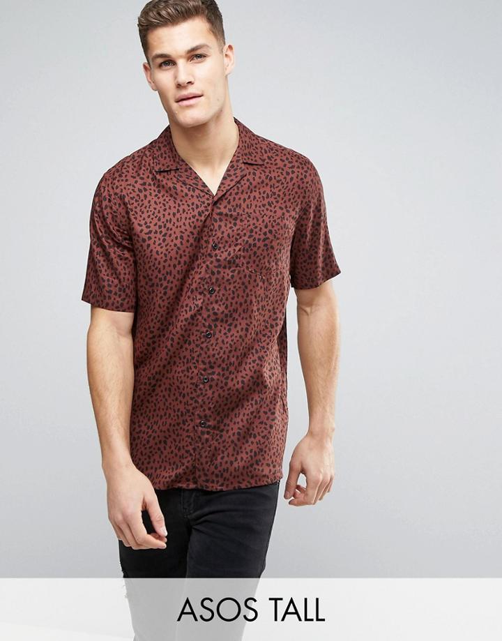 Asos Tall Regular Fit Viscose Shirt With Leopard Print - Brown