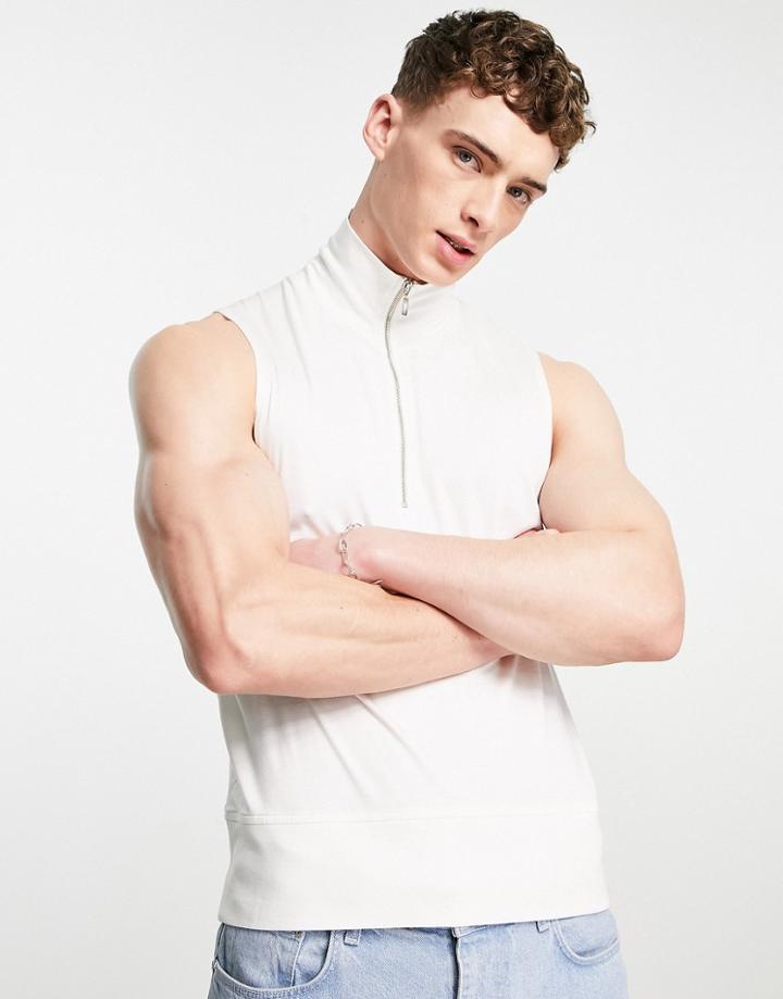 Asos Design Heavyweight Tank Top With Zip High Neck In Cream-white