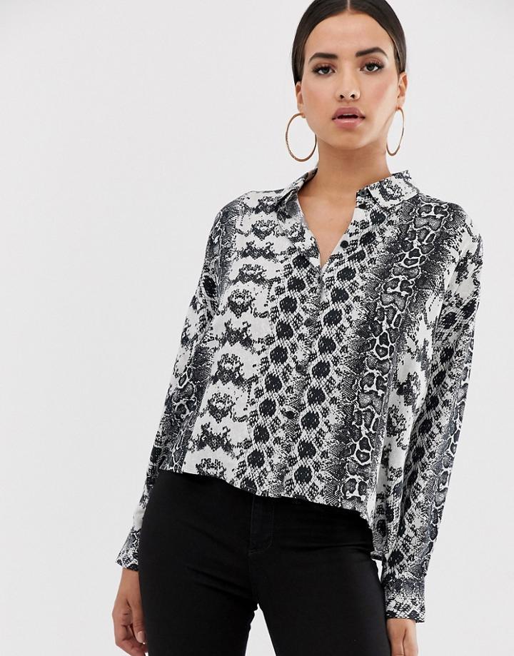 Asos Design Cropped Long Sleeve Shirt In Snake Animal Print-multi