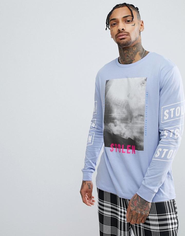 Asos Design Relaxed Long Sleeve T-shirt With Photographic And Sleeve Print - Blue