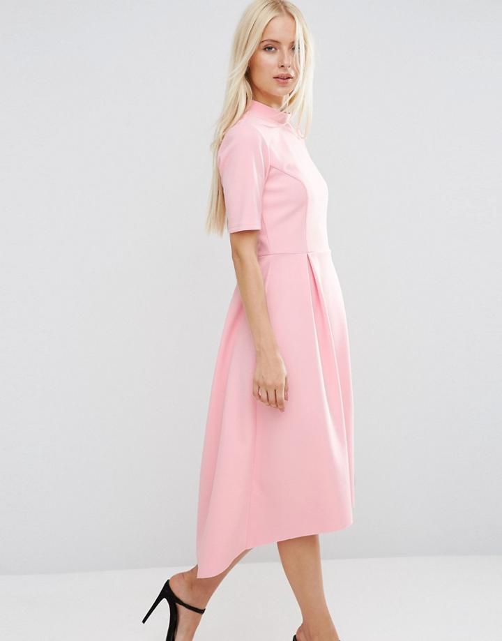 Asos Midi Bonded Dress With Full Skirt And Dipped Hem - Pink