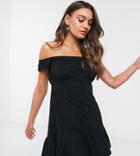 Asos Design Petite Off Shoulder Mini Sundress With Pep Hem In Black