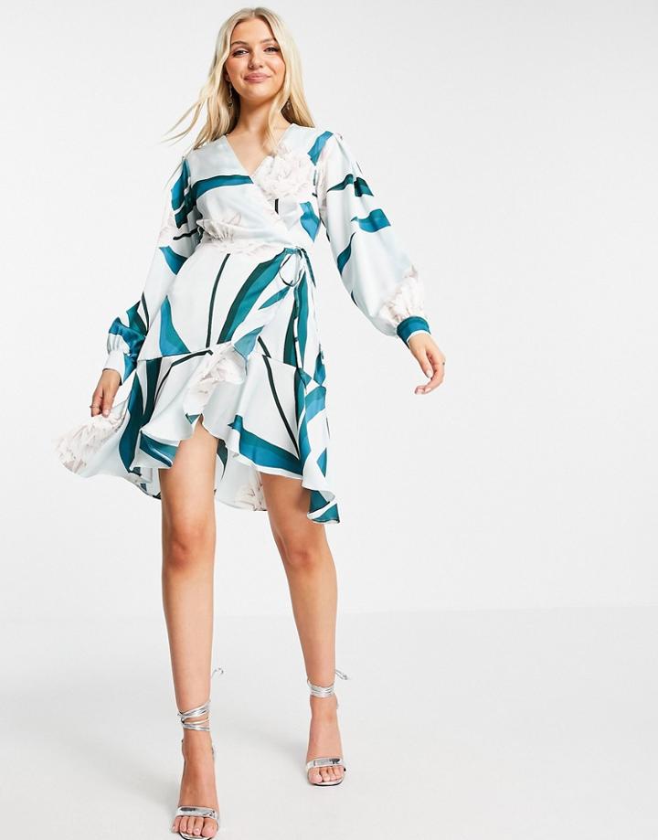Liquorish Wrap Mini Dress In Large-scale Floral Leaf Print-blues
