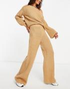 Asos Design Knitted Wide Leg Pant In Waffle Stitch In Camel - Part Of A Set-neutral