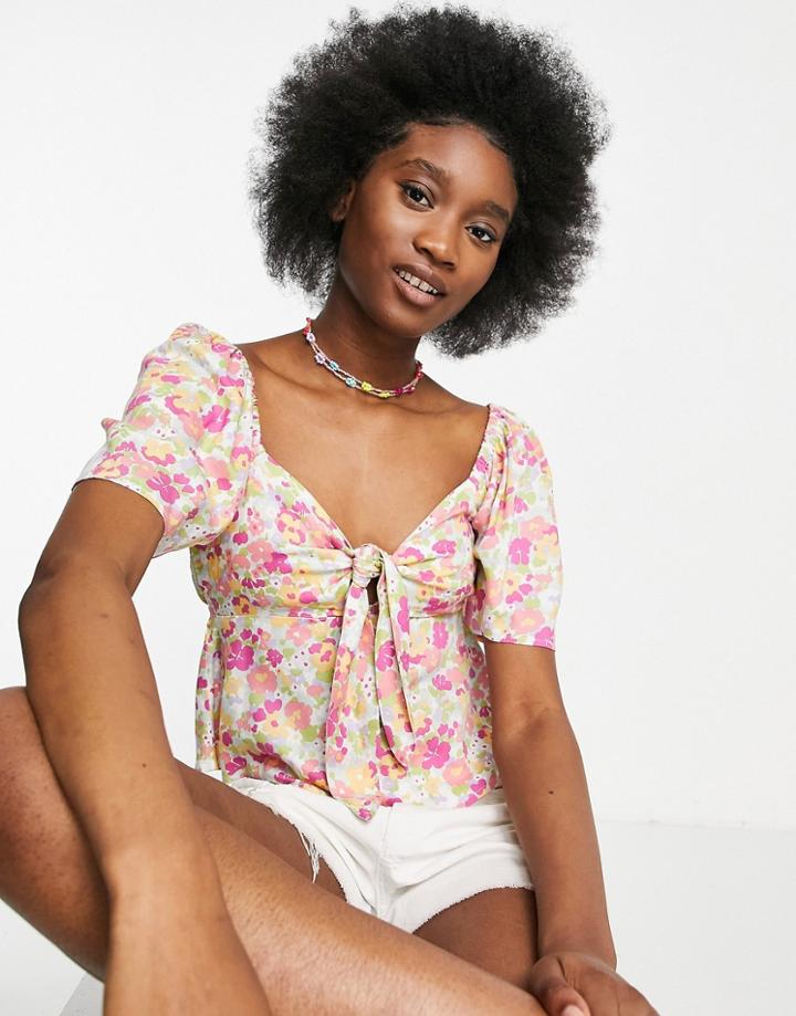 Miss Selfridge Bunny Tie Angel Sleeve Blouse In Multi Color Floral