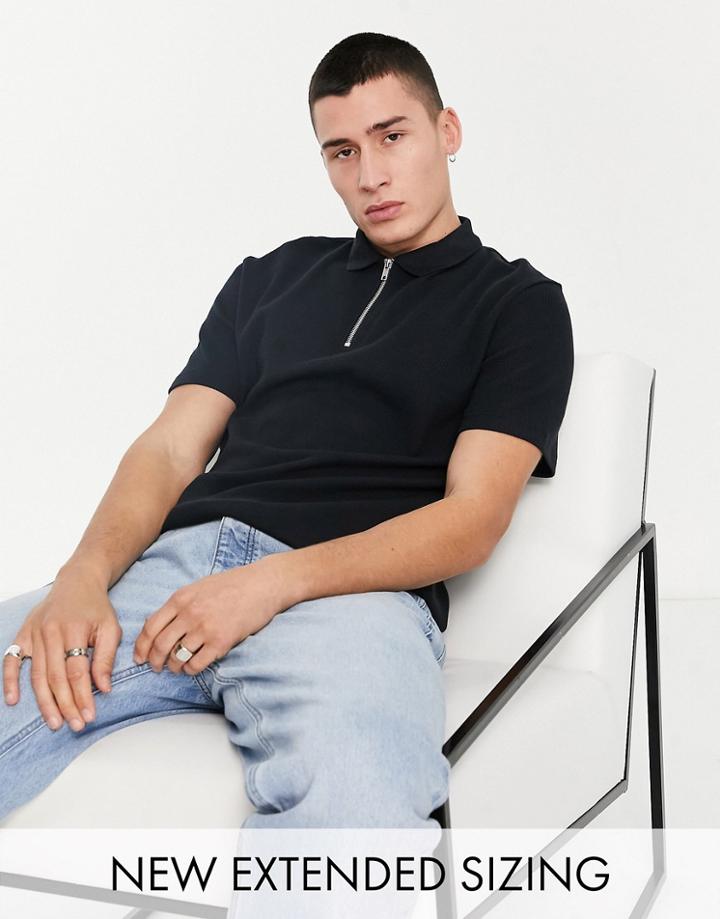 Asos Design Waffle Polo With Quarter Zip In Black