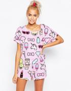 Asos Smiley World Short & Tee Pyjama Set - Lilac