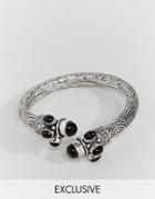 Sacred Hawk Black Stone Open Bangle - Silver