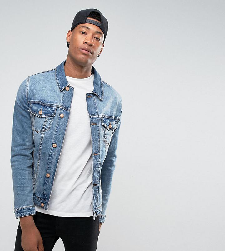 Asos Design Tall Skinny Denim Jacket In Mid Wash - Blue