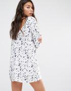Billabong Swing Dress With Low Back And Long Sleeves In Inky Tile Print - White