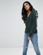 Noisy May Tall V Neck Sweater With Sleeve Detail - Green