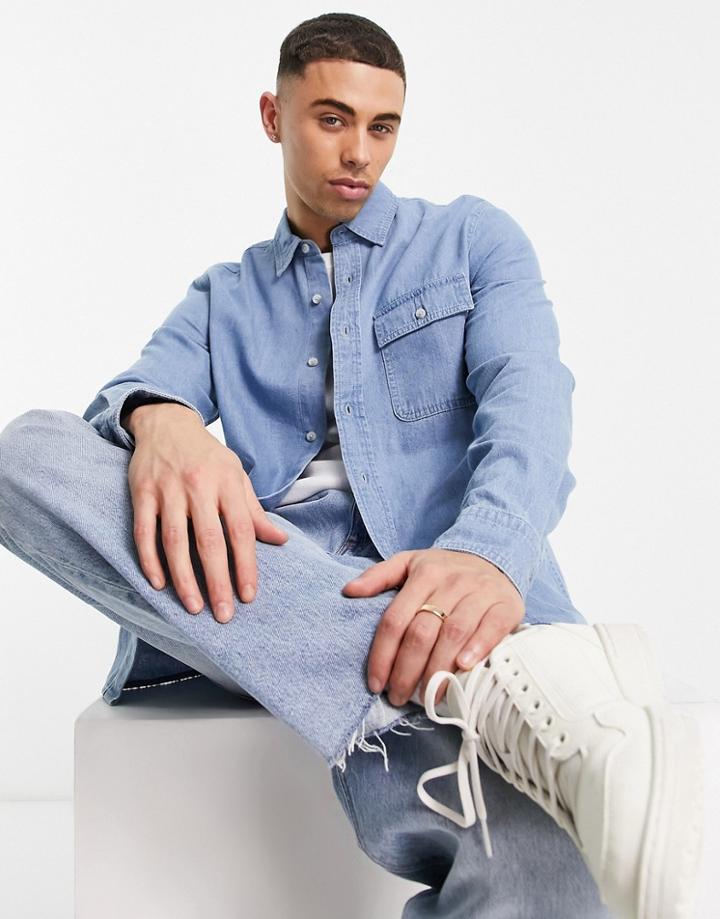 Topman Long Sleeve Denim Shirt In Blue - Mblue-blues