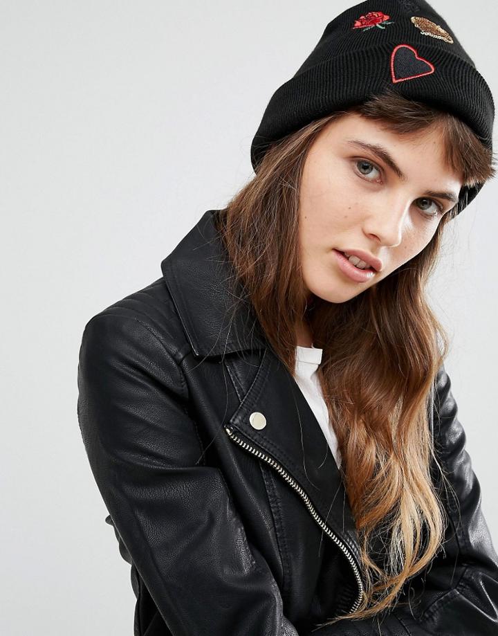 Miss Selfridge Badge Beanie Hat - Black