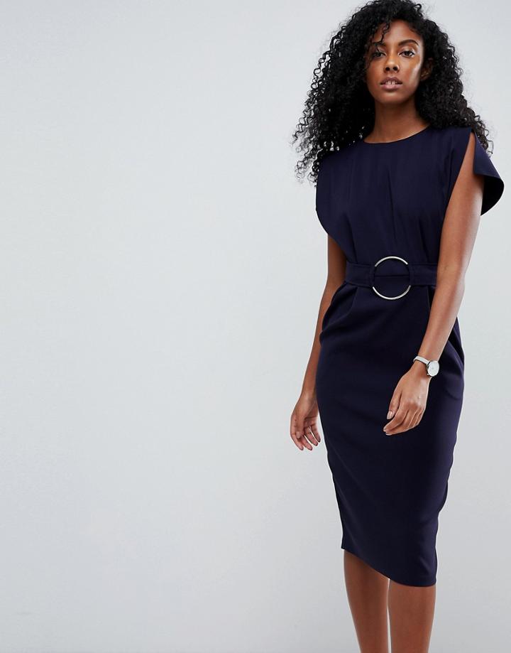 Asos Split Cap Sleeve Midi Dress With Modern Ring Belt - Navy