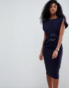 Asos Split Cap Sleeve Midi Dress With Modern Ring Belt - Navy
