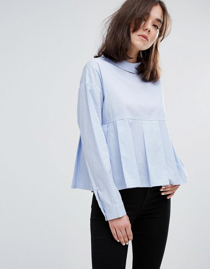 Plain Studios High Neck Smock Top With Peplum Hem In Fine Stripe - Blue