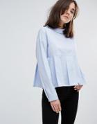 Plain Studios High Neck Smock Top With Peplum Hem In Fine Stripe - Blue