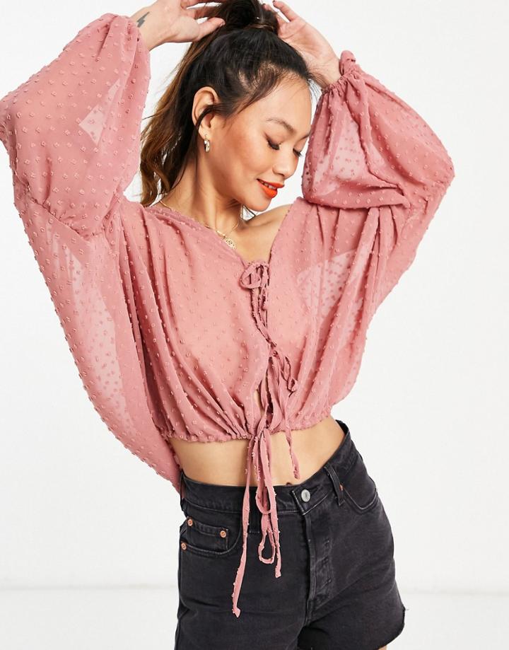 Asos Design Long Sleeve Sheer Textured Plunge Top In Dusty Pink