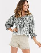 Asos Design Long Sleeve Gingham Top With Ruffle Detail - Green