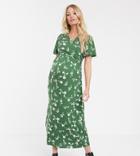 Asos Design Maternity Exclusive Nursing Wrap Bodice Midi Tea Dress In Ditsy Print - Green