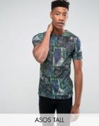 Asos Tall T-shirt In All Over Tile Print And Linen Look - Multi