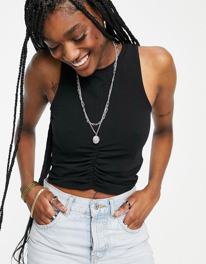 Only Cropped Tank Top With Ruched Front In Black