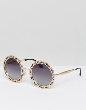 Dolce & Gabbana Over Sized Round Sunglasses In Gold And Multi Jewels - Gold