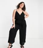 Asos Design Curve Wrap Front Cami Culotte Trim Jumpsuit In Black